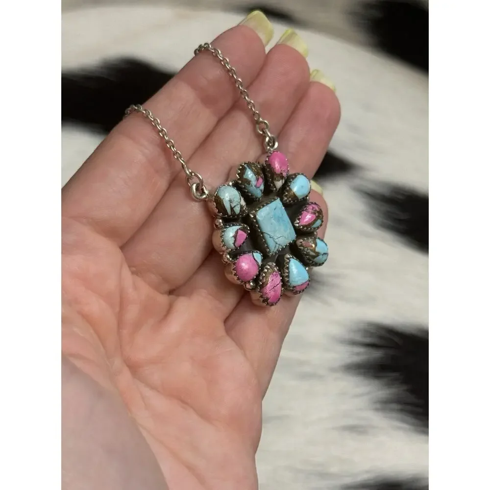 Native Southwest Sterling Silver Cotton Candy Turquoise Cluster Pendant Necklace